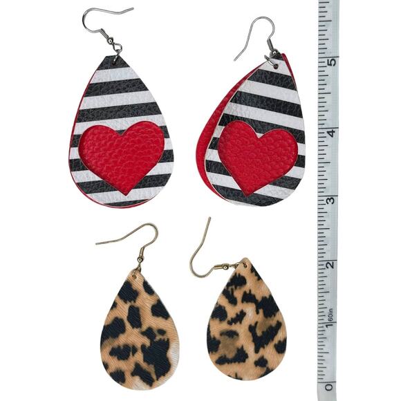 Faux Leather Teardrop Earrings Set of Two Leopard Print and Heart Cut Out - Picture 3 of 6